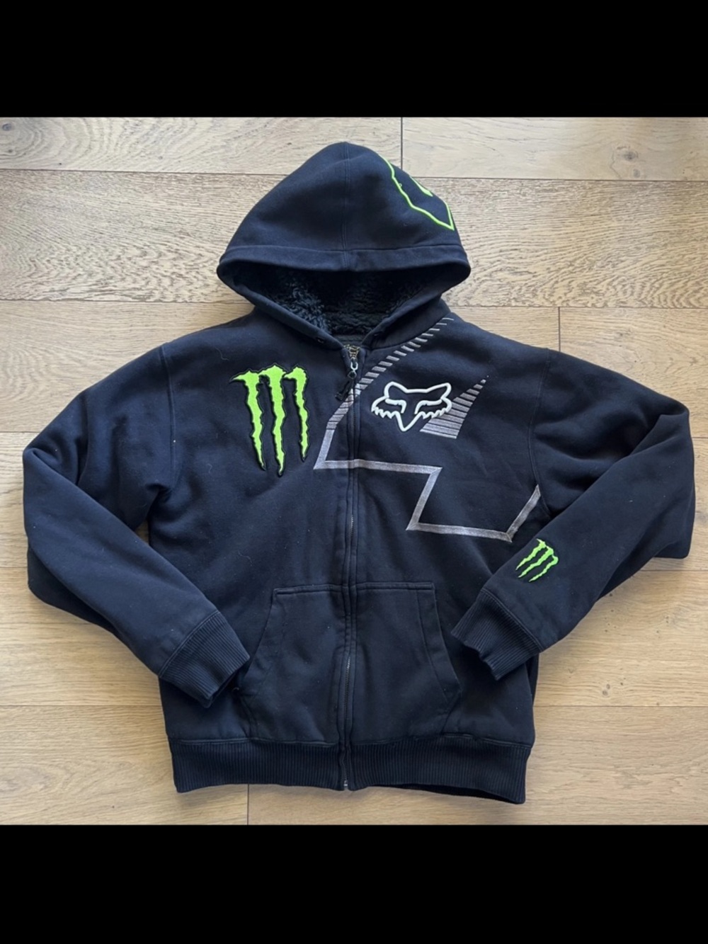 VIntage Fox Monster Hoodie Jacket Large Sherpa Lined Zip 4 Carmichael Y2K Racing